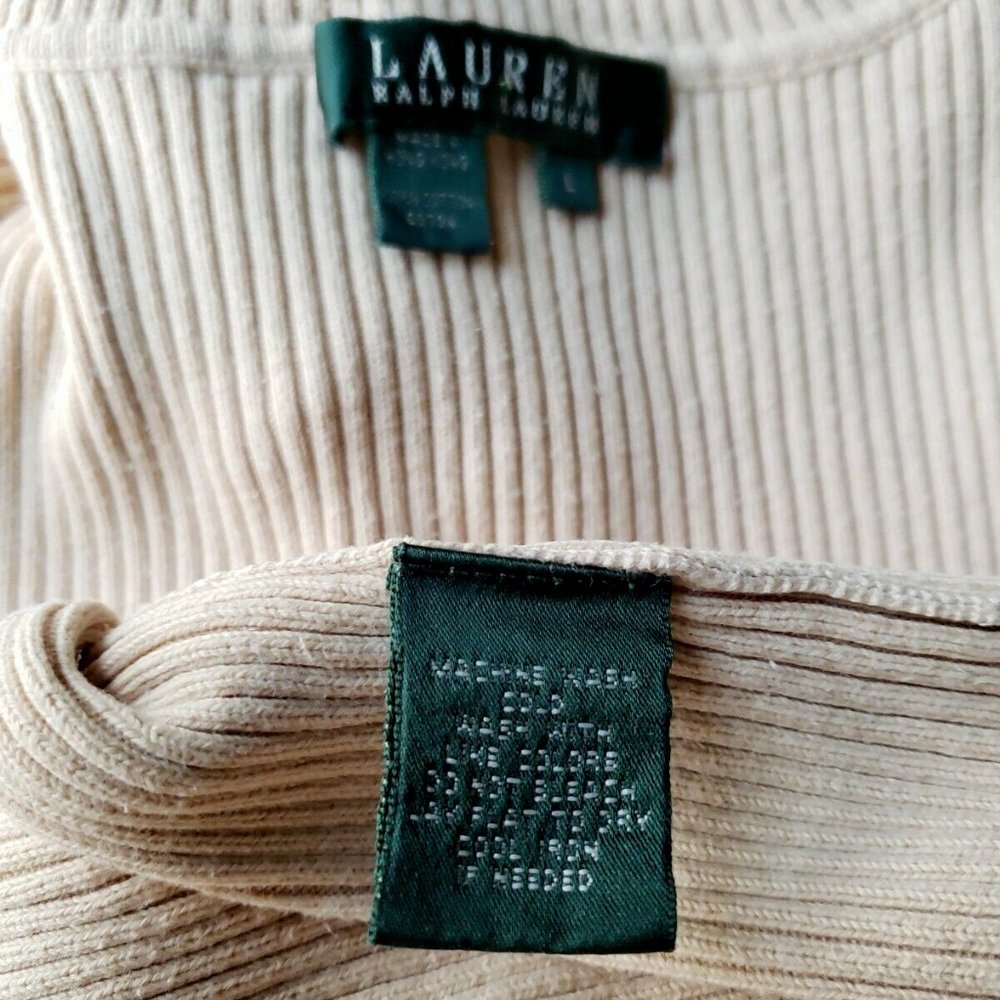 Lauren Ralph Lauren Size L Beige Turtleneck Sweater 100% Cotton Ribbed Logo - Picture 12 of 12